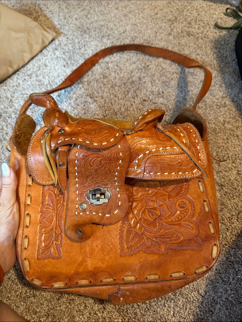 Handcrafted Tooled Leather Saddle-Style Crossbody Bag - Brown